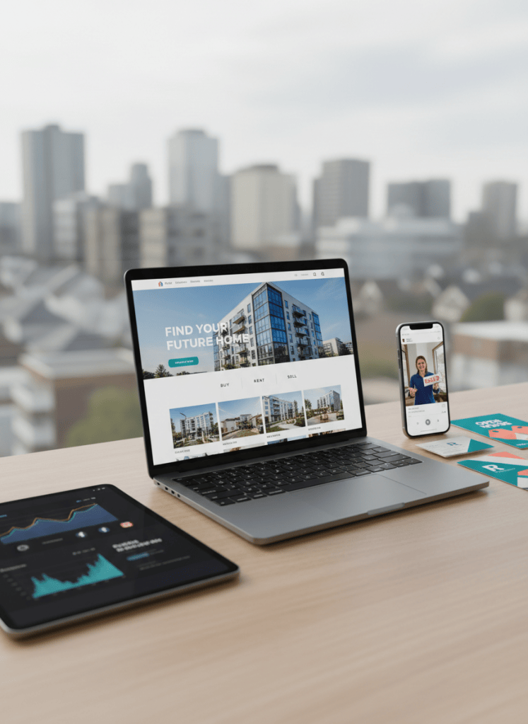 A sleek laptop open on a light wood desk, its screen displaying a clean, modern real estate website homepage with bold property imagery and clear navigation blocks. Around it, neatly arranged are a tablet showing social media analytics graphs, a smartphone with a reel thumbnail paused mid-frame, and a small stack of color printouts resembling Canva-style branding mockups. The workspace sits in front of a large window overlooking an abstracted city skyline of apartment buildings and homes. Soft daytime natural light washes across the scene, creating gentle reflections on the devices and subtle shadows behind them. Captured at an eye-level, three-quarter angle with photographic realism and a shallow depth of field, the composition feels professional, organized, and quietly energetic, evoking a student-led digital support hub for Realtors and small brokerages.