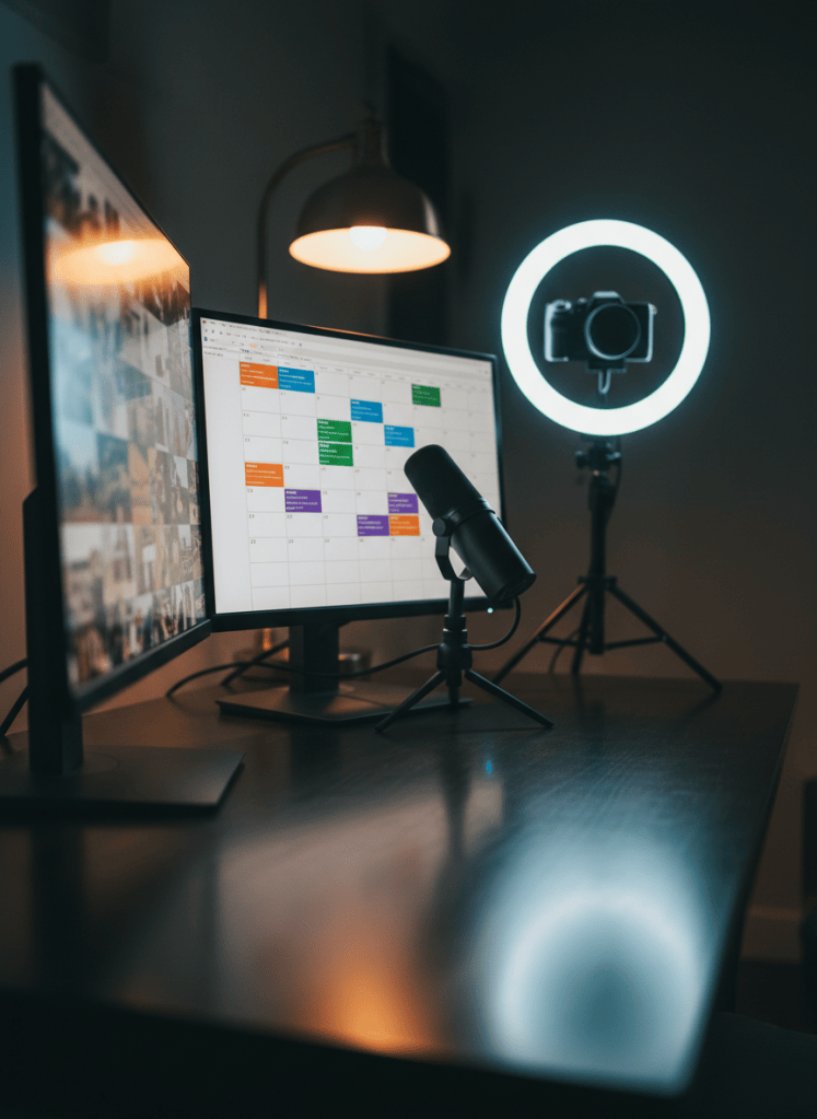 A narrow, cinematic photographic scene of a dual-monitor setup dedicated to real estate social media and video content creation. One monitor shows a vertical video editing timeline with frames of homes, floor plans, and neighborhood scenes, depicted as abstract thumbnails. The other displays a scheduling calendar filled with colored blocks for posts and reels, without readable text. A professional microphone, ring light, and compact camera rest on the desk, indicating a polished yet accessible production environment. Cool, balanced LED lighting from the ring light casts gentle reflections on the desk surface, while a warm desk lamp in the background adds depth and contrast. Shot from a low, side angle with shallow depth of field, the atmosphere feels modern, energetic, and supportive of Realtors building confident digital voices with guidance from a tech-savvy student team.